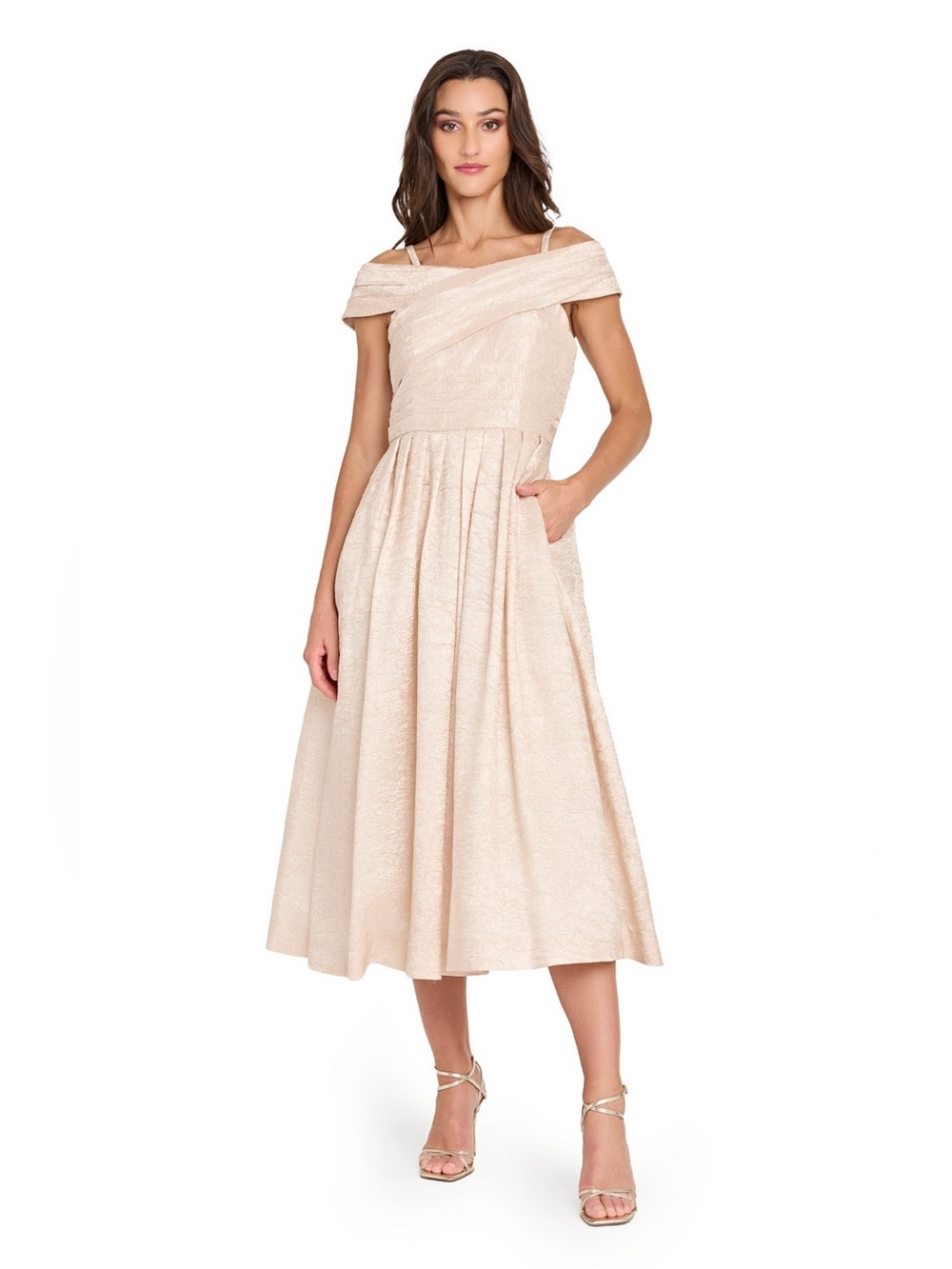Tahari Champaign color  Off-Shoulder Midi taffeta dress.